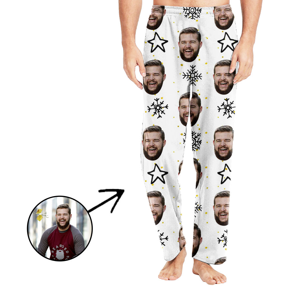 Custom Photo Pajamas Pants For Men White Stars And Snowflake