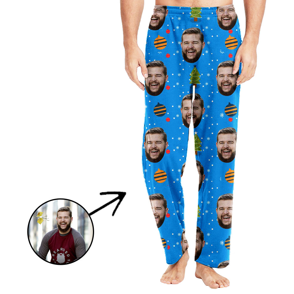 Custom Photo Pajamas Pants For Men Christmas Pandants In Blue