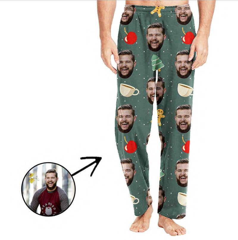 Custom Photo Pajamas Pants For Men Christmas Tree And Apple
