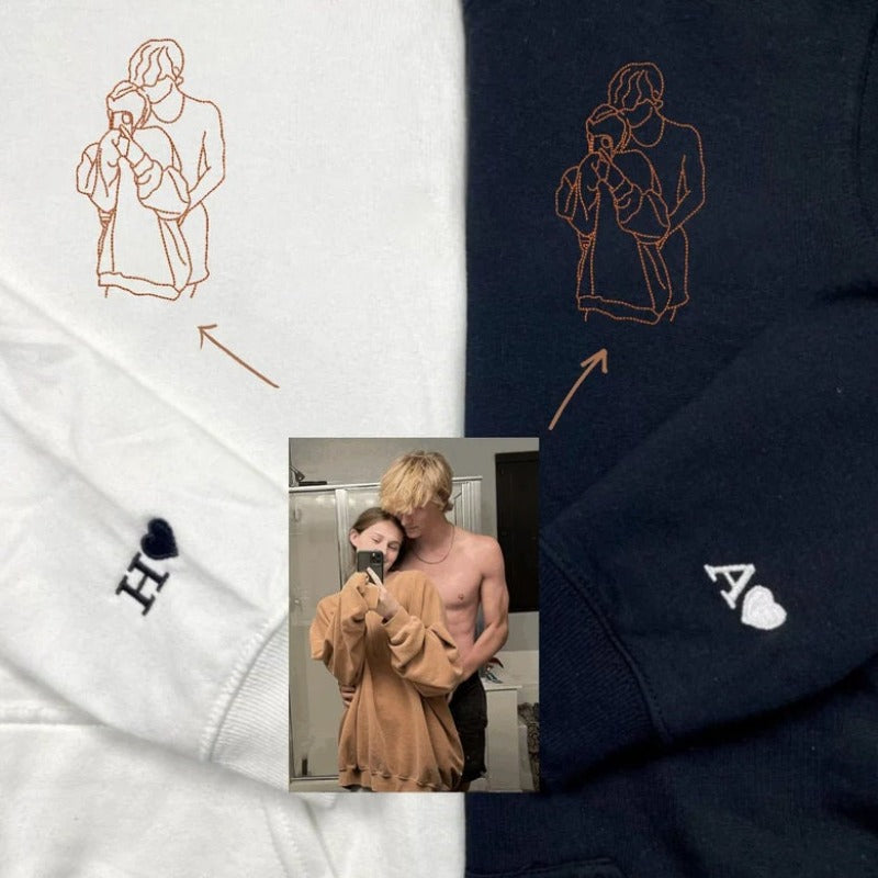 Personalized Embroidered Outline Photo Sweatshirt For Couples