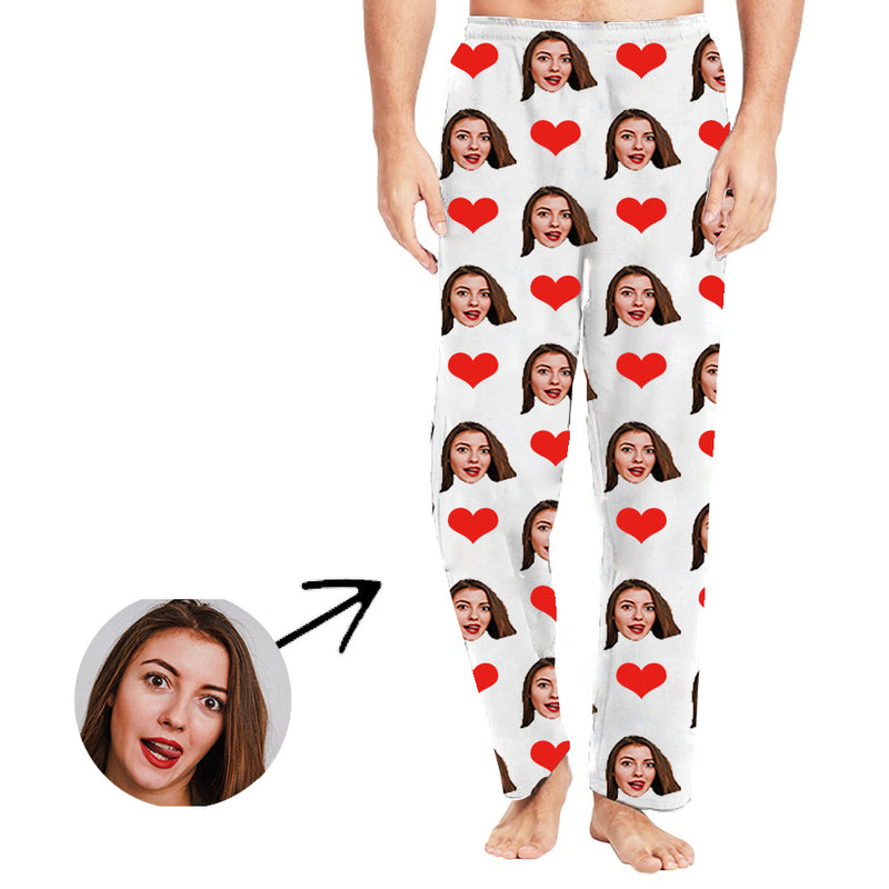 Custom Photo Pajamas Pants For Men Heart My Loved One's Face Long Sleeve
